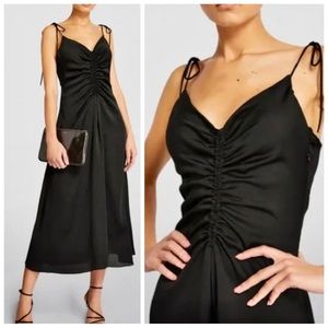 Jason Wu Black Satin Ruched V Neck 90s Feminine Grunge Cross Strap Midi Dress L